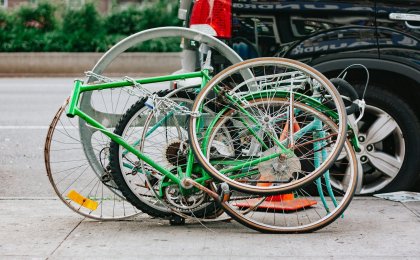 Tangled and damaged bicycles symbolizing stress and burnout